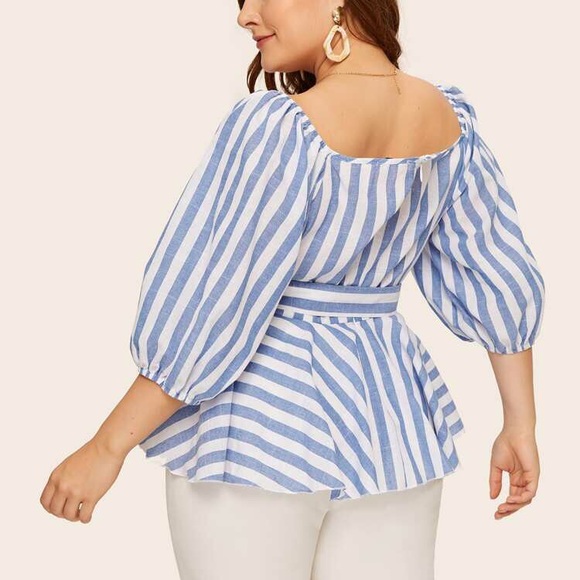 Striped Peplum Top with Button Front Belt - Picture 4 of 4